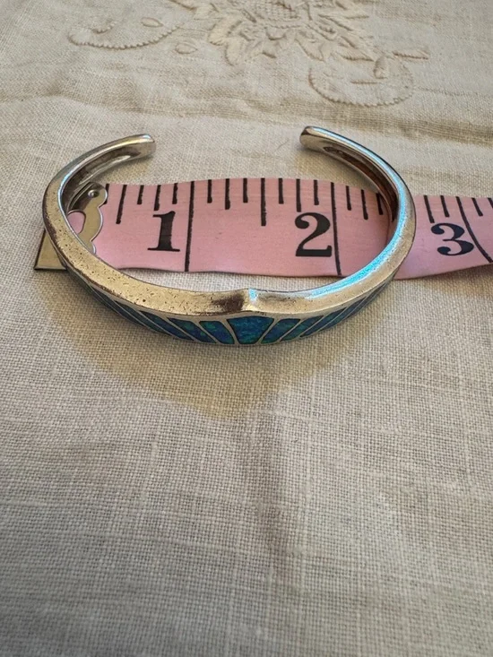 Blue-Green Opal Inlay Sterling Cuff Bracelet - Picture 7 of 10